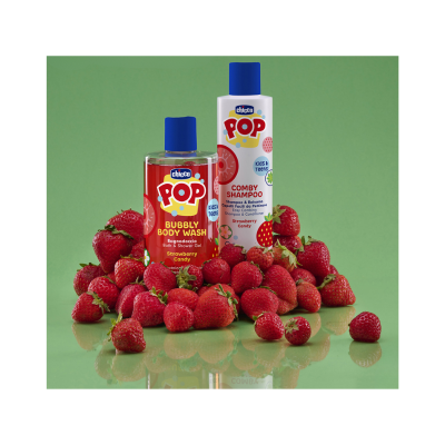 Frascos de gel de banho e champô Chicco POP com morangos frescos