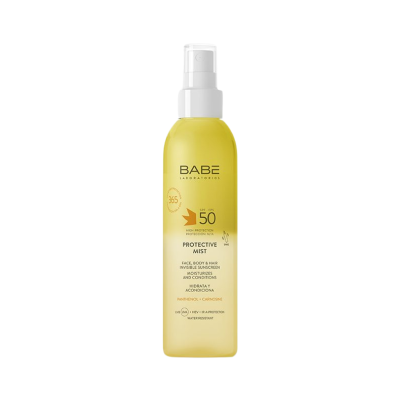 Frasco amarelo de spray Babé Protective Mist FPS 50.