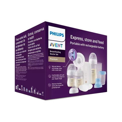 Conjunto inicial de amamentação PHILIPS AVENT Premium em caixa roxa com extrator, garrafas e acessórios.