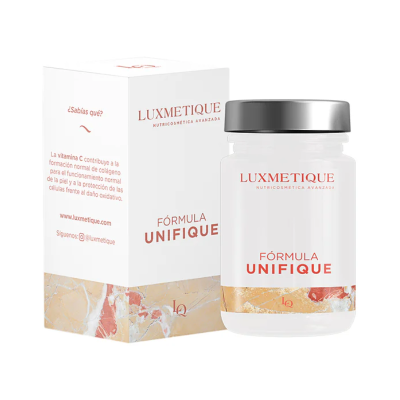 Embalagem e frasco de suplemento com design branco e detalhe em mármore