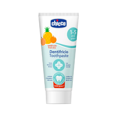 Dentífrico Chicco tuttifrutti para crianças 1-5 anos tubo branco com frutas e texto azul e laranja
