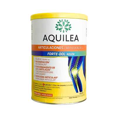 Embalagem de suplemento alimentar Aquilea Articulaciones Forte-Dol Regen com rótulo colorido e ilustração de joelho