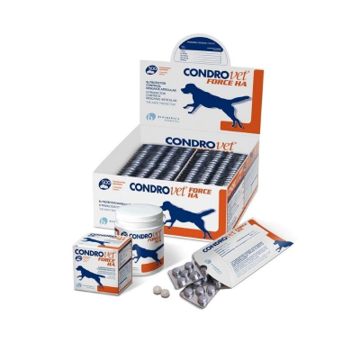 Medicamentos CONDROvet FORCE HA para cães com embalagens brancas, azuis e laranja, imagem de cão azul