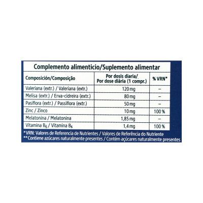 Tabela com composição de suplemento alimentar contendo várias substâncias e suas doses diárias