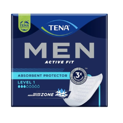 Embalagem azul de protector absorvente TENA MEN ACTIVE FIT nivel 1 para homem