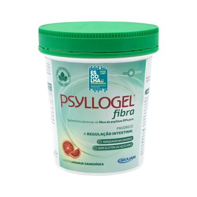 Frasco de suplemento alimentar Psyllogel fibra sabor laranja sanguínea com tampa verde