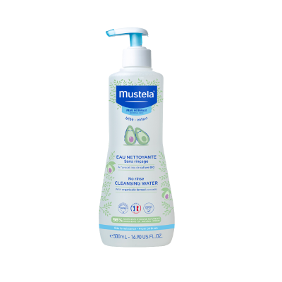 Frasco de água de limpeza Mustela para bebé com doseador azul