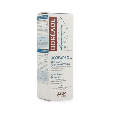 Embalagem branca de creme cosmético BORÉADE GLOBAL com texto castanho e azul