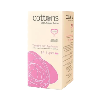 Embalagem creme e rosa de tampões cottons 100% algodão natural com texto e gráficos