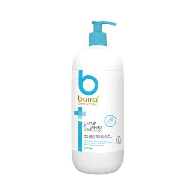 Frasco de creme de banho Barral DermaProtect branco com tampa azul e rótulo com texto azul e dourado