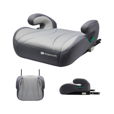 Assento elevatório de criança cinzento com apoios de braço curvos e sistema ISOFIX