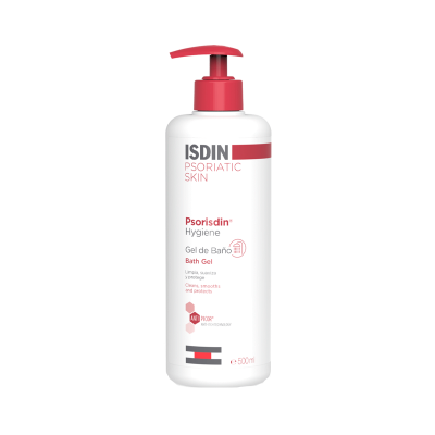 Frasco branco com doseador vermelho de gel de banho ISDIN Psorisdin Hygiene