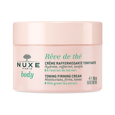 Frasco rosa de creme tonificante Nuxe com texto em francês e inglês