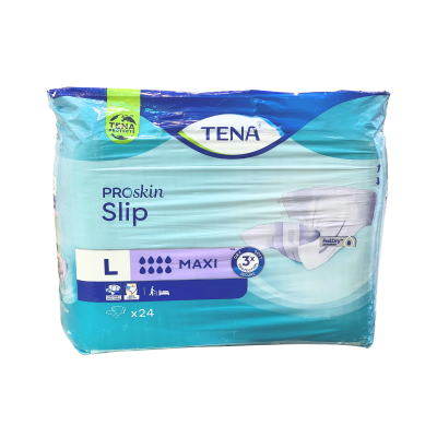 Pacote de fraldas TENA Proskin Slip azul e verde com texto e imagens do produto.