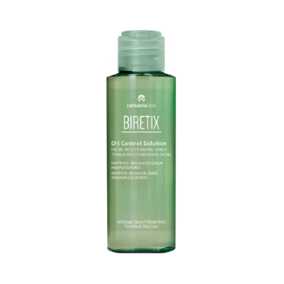 Frasco de produto facial BIRETIX Oil Control Solution verde translúcido