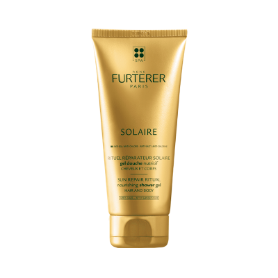 Tubo dourado de gel de duche nutritivo Rene Furterer Paris Solaire para cabelo e corpo