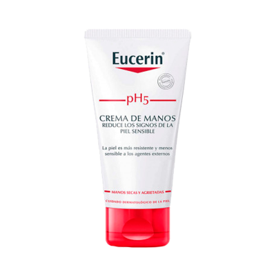 Frasco de crema de manos Eucerin pH5 com tapa roja