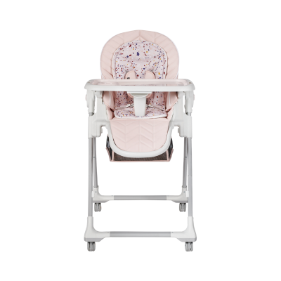 Cadeira alta de bebé rosa com padrão colorido no assento e bandeja branca