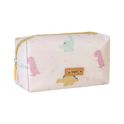 Estojo retangular bege com padrão de dinossauros e fecho amarelo