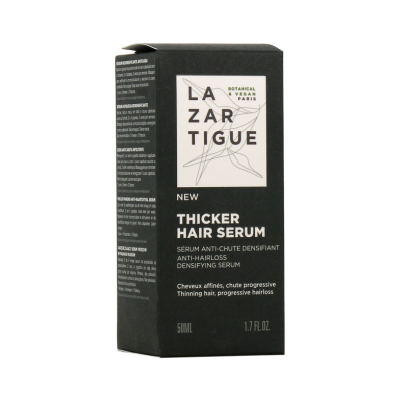 Caixa preta de sérum para cabelo LAZARTIGUE com texto em inglês e francês