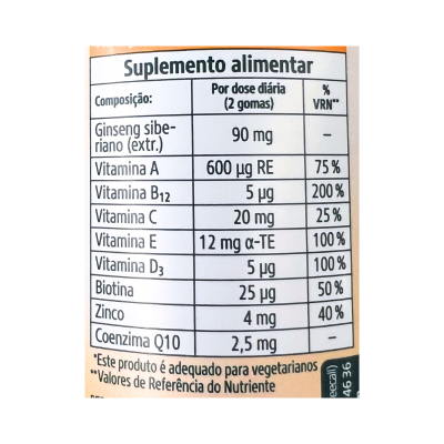 Etiqueta de suplemento alimentar com tabela de composição e doses diárias
