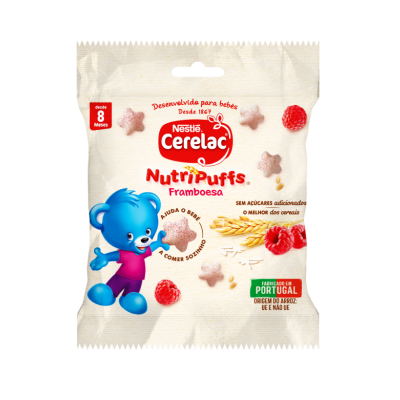 Pacote de snacks Nestlé Cerelac NutriPuffs framboesa para bebés com ursinho azul e estrelas cor-de-rosa
