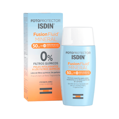 Fotoprotetor ISDIN Fusion Fluid Mineral 50 FPS em frasco azul claro e caixa azul e laranja