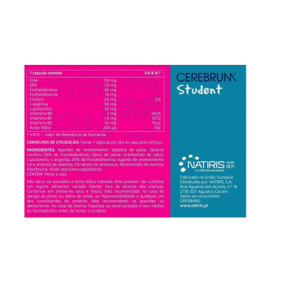Embalagem suplemento CEREBRUM Student azul e rosa com tabela nutricional e texto