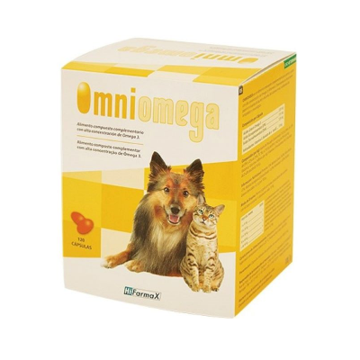 Suplemento alimentar OmniOmega para cães e gatos em caixa amarela e branca