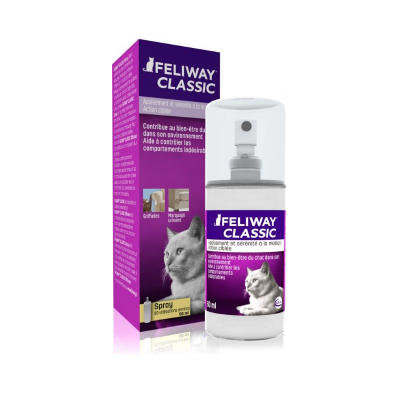 Spray Feliway Classic para tranquilizar gatos, embalagem e frasco branco e roxo com texto em francês
