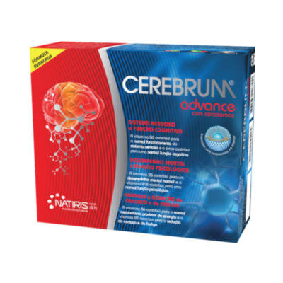 Embalagem do suplemento Cerebrum Advance em vermelho e azul com ilustração de cérebro.
