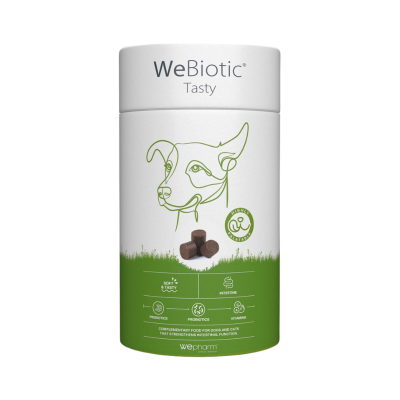 Embalagem de produto WeBiotic Tasty para cães e gatos com desenho estilizado de cão