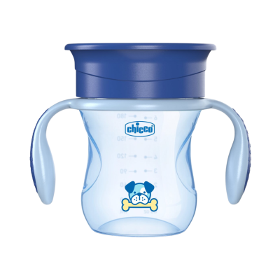 Copo de aprendizagem azul com tampo e pegas laterais, decorado com cão e osso
