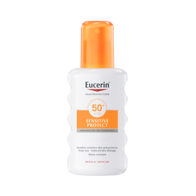 Frasco branco com tampa laranja de protetor solar Eucerin Sun Protection SPF 50+