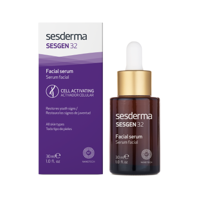 Frasco de sérum facial Sesderma SESGEN 32 ao lado da caixa