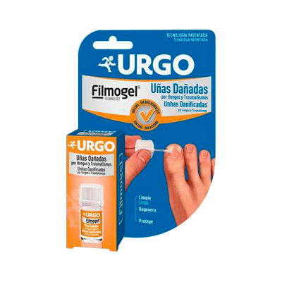 Embalagem do produto URGO Filmogel para unhas danificadas, com foto de pé e dedos