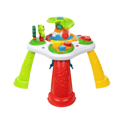 Mesa de atividades infantil colorida com brinquedos e pernas verdes, vermelha e amarela