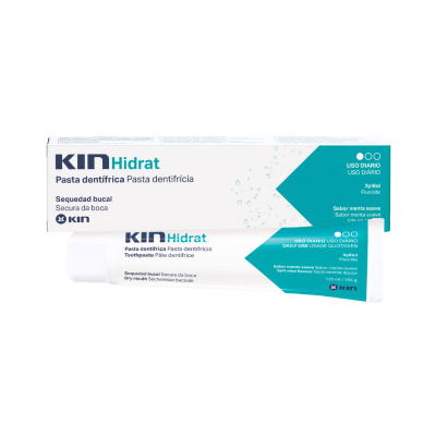 Pacote e tubo de pasta dentífrica KIN Hidrat branca com detalhes azuis