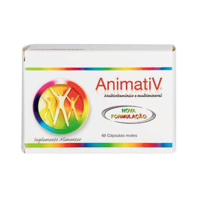 Embalagem branca de suplemento multivitamínico AnimatiV com texto colorido e destaque para nova formulação