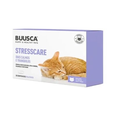 Embalagem do produto BUUSCA StressCare para gatos com imagem de gato laranja