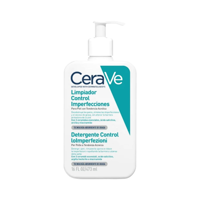 Frasco branco CeraVe Limpiador Control Imperfecciones com doseador