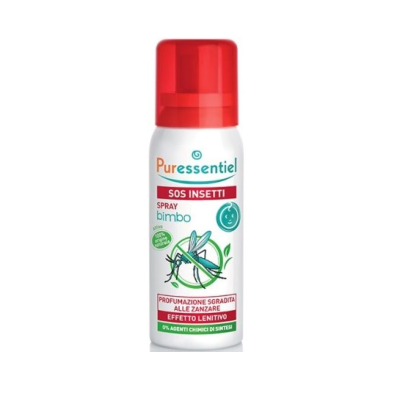 Spray Puressentiel SOS Insetti Bimbo com tampa vermelha e rótulo branco
