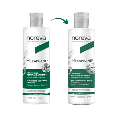 Dois frascos de champô branco com rótulo verde da marca Noreva Hexaphane