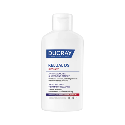 Frasco branco de shampoo anti-caspa Kelual DS Intensive da Ducray