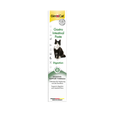 Embalagem branca de pasta intestinal para gatos GimCat com texto e imagem de gato.