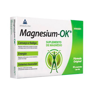 Embalagem do suplemento Magnesium-OK de magnésio com informações sobre benefícios e dosagem.