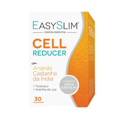 Embalagem do suplemento EasySlim Cell Reducer com texto em laranja, azul e preto