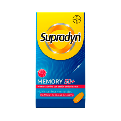 Embalagem Supradyn Memory 50+ com texto e comprimido amarelo