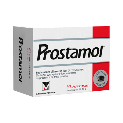 Embalagem de suplemento alimentar Prostamol com texto e design em branco, cinza, preto e vermelho.