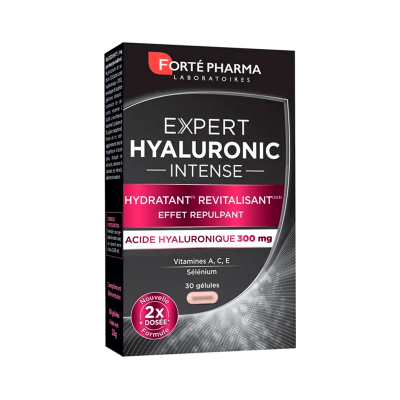 Caixa preta de suplemento alimentar EXPERT HYALURONIC INTENSE da Forté Pharma
